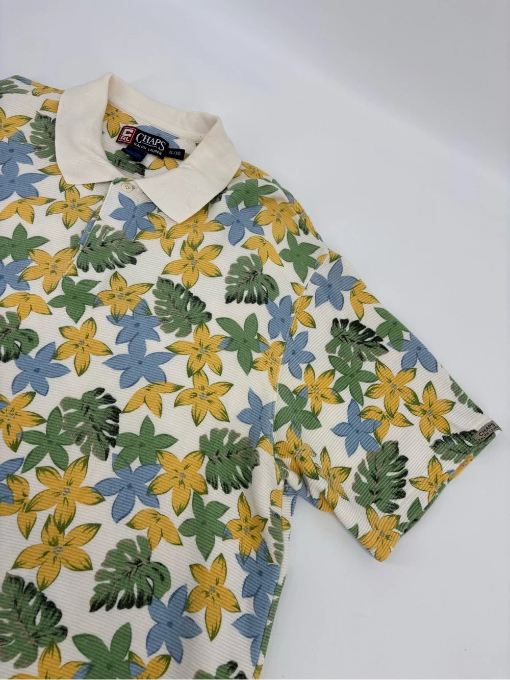 Chaps Ralph Lauren Polo Shirt Mens XL Ribbed Knit Hawaiian Flower Floral Vintage